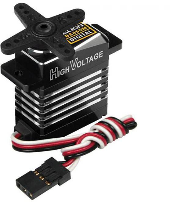 'Un moteur servo numérique haute tension avec un dissipateur thermique noir et argenté et un câble multicolore, adapté aux modèles télécommandés.'