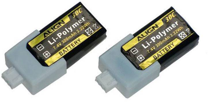 Deux batteries Li-polymère de 7,4V et 300mAh de capacité, adaptées aux applications de 2,22Wh, avec une étiquette or et noir.