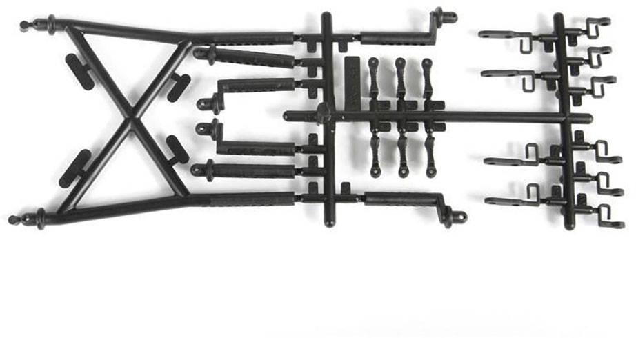 Kit de construction en plastique pour une maquette, composé de différentes pièces noires et de pièces à assembler.