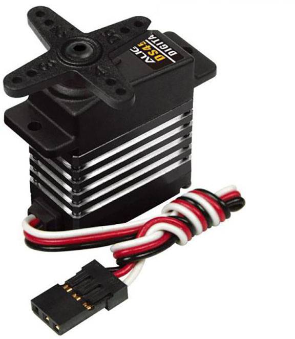 Un servomoteur haute performance noir et argent avec plusieurs câbles et connecteurs. Idéal pour les applications de modélisme radiocommandé.