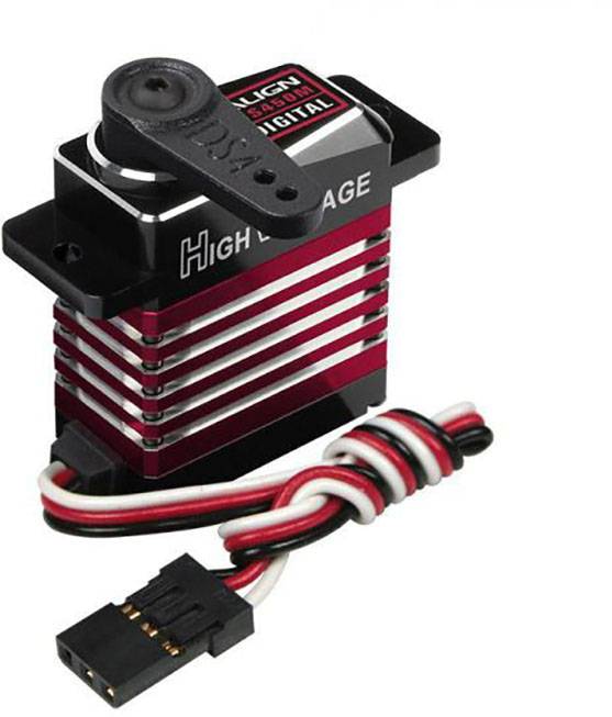 Un servo numérique avec un boîtier et des câbles rouge et noir, portant l'inscription 'High Voltage'. Adapté pour des contrôles de mouvement précis.
