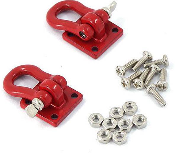 Deux crochets de remorquage rouges avec des vis et des écrous, prêts à être installés.