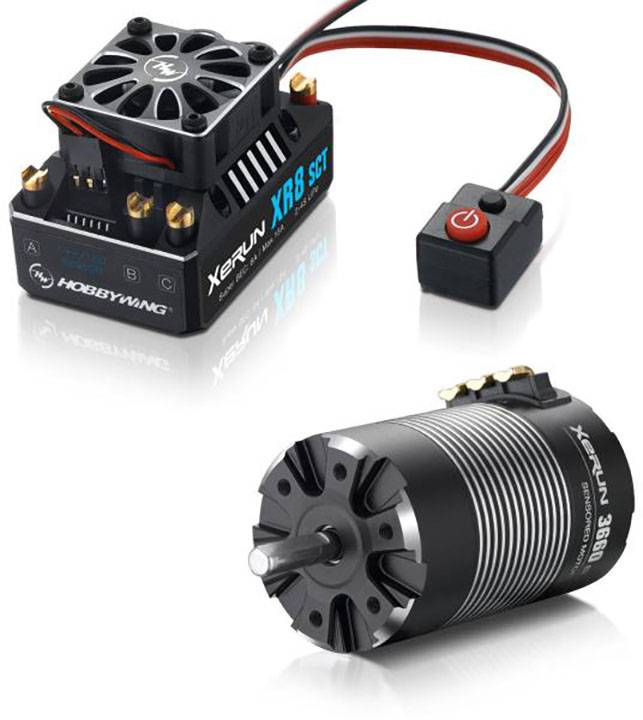 Un moteur électrique brushless et un contrôleur électronique de 150A pour voitures radiocommandées. Les composants sont noirs avec des accents métalliques.