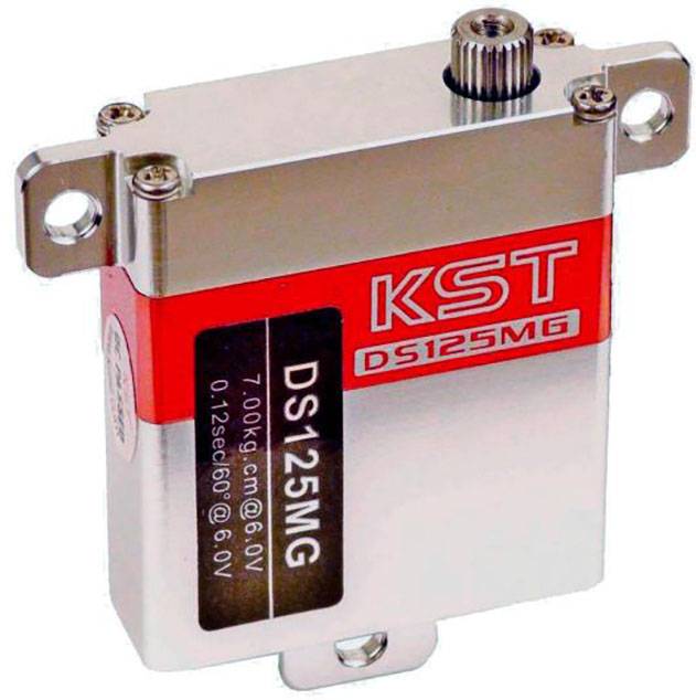 Un servo métallique nommé 'KST DS125MG' avec marquage rouge, adapté pour un contrôle précis, spécifications : 7 kg/cm à 6 V.