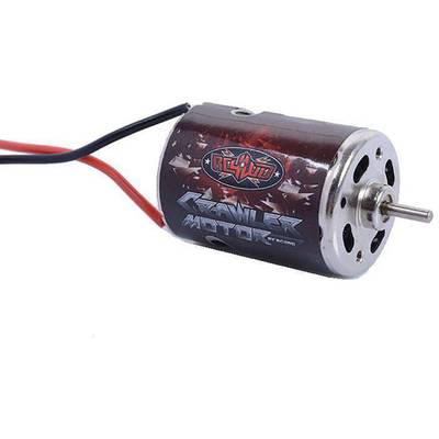 Un petit moteur électrique avec un boîtier rouge et deux câbles. Inscription : « Moteur de chenille ». Utilisé dans les véhicules télécommandés.