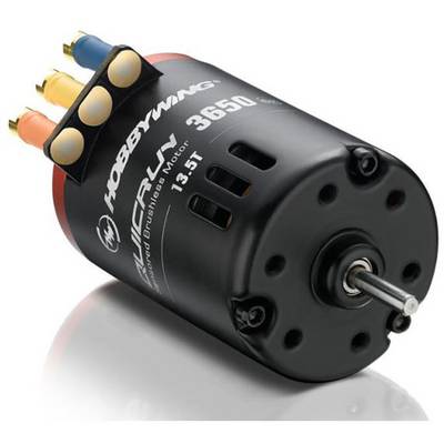 Un moteur électrique noir portant l'inscription 'Hobbywing 3650 13.5T', avec trois connecteurs colorés sur le dessus et un arbre argenté à l'avant.