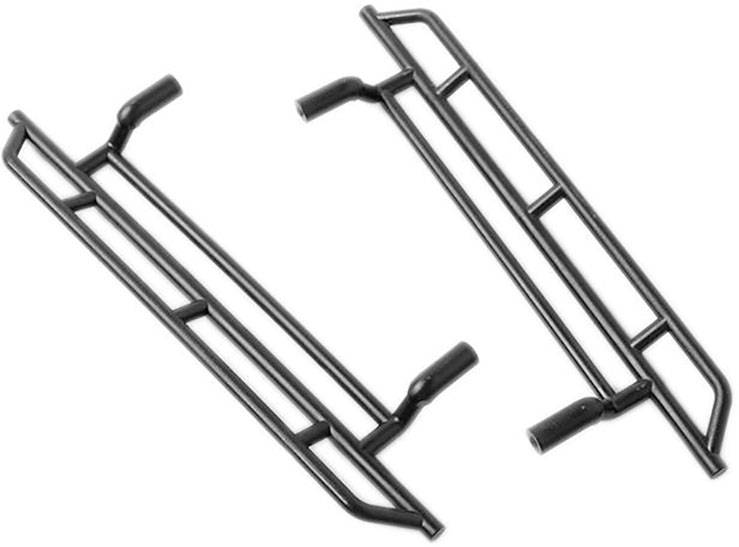 Deux pièces métalliques noires qui ressemblent à des garde-corps pour véhicules. Elles ont des extrémités incurvées et plusieurs traverses horizontales.