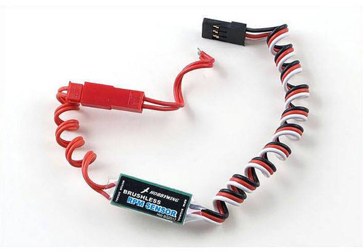 Capteur de régime (RPM) sans balais avec câble rouge et noir, adapté pour la mesure de la vitesse de rotation dans les modèles réduits de voitures.