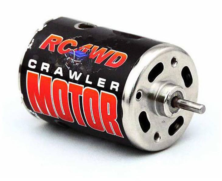 Moteur RC avec l'inscription 'RC4WD Crawler Motor'. Cylindrique, principalement noir avec une partie avant métallique et un axe de tige. Adapté pour les véhicules télécommandés.