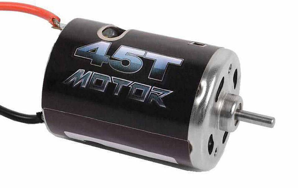 Moteur électrique portant l'inscription '45T Moteur'. Face avant argentée avec une connexion de câble rouge et noir. Adapté pour les véhicules télécommandés.