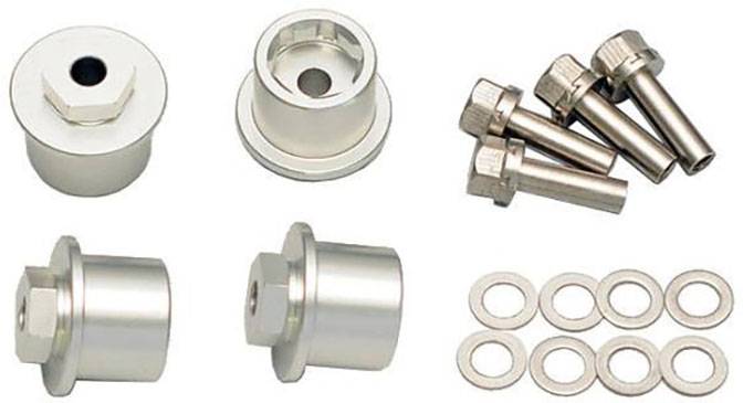 Pièces métalliques : Six boulons, quatre douilles cylindriques et six rondelles disposés côte à côte.