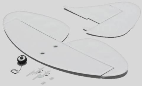 Pièces d'aile RC blanches et petite roue, disposées sur un fond gris ; destinées aux modèles réduits d'avion.