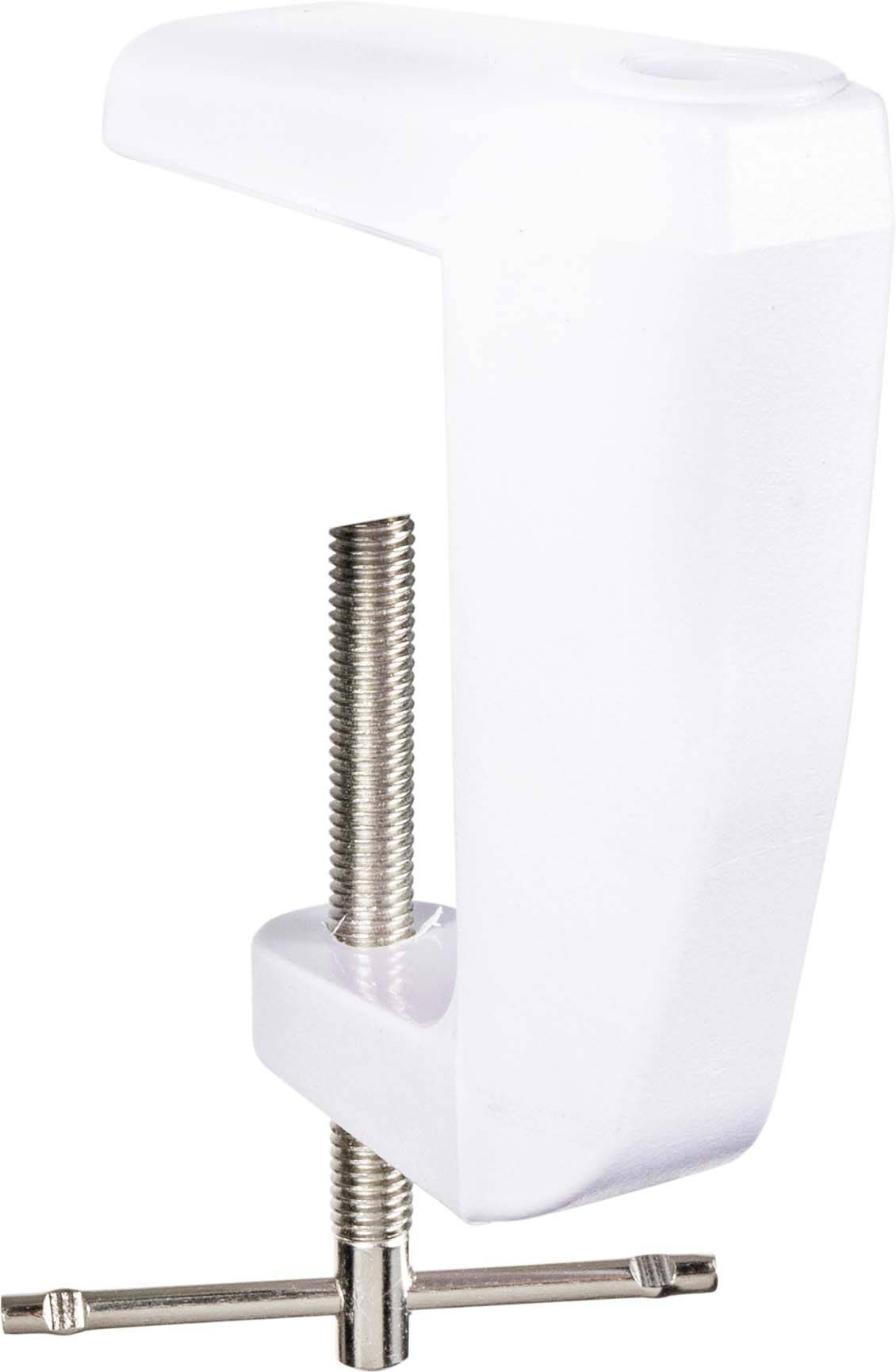 Serre-joint blanc avec filetage métallique, adapté pour la fixation de matériaux.