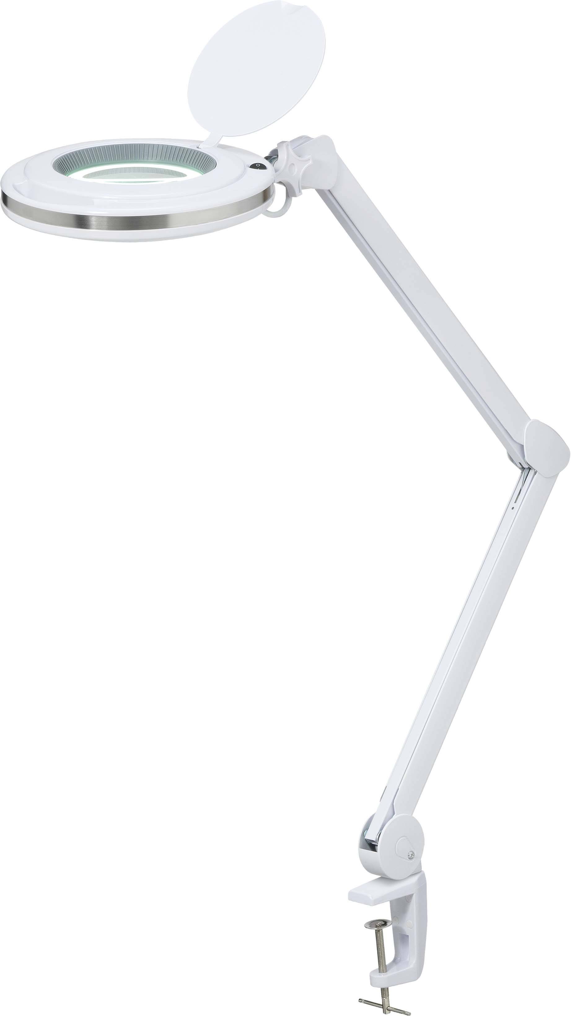 Une lampe loupe blanche et réglable, avec pince de fixation pour bordure de table, idéale pour les travaux précis ou l'examen de détails.