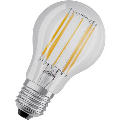 Une ampoule LED moderne avec des filaments visibles et une base à vis sur fond blanc.