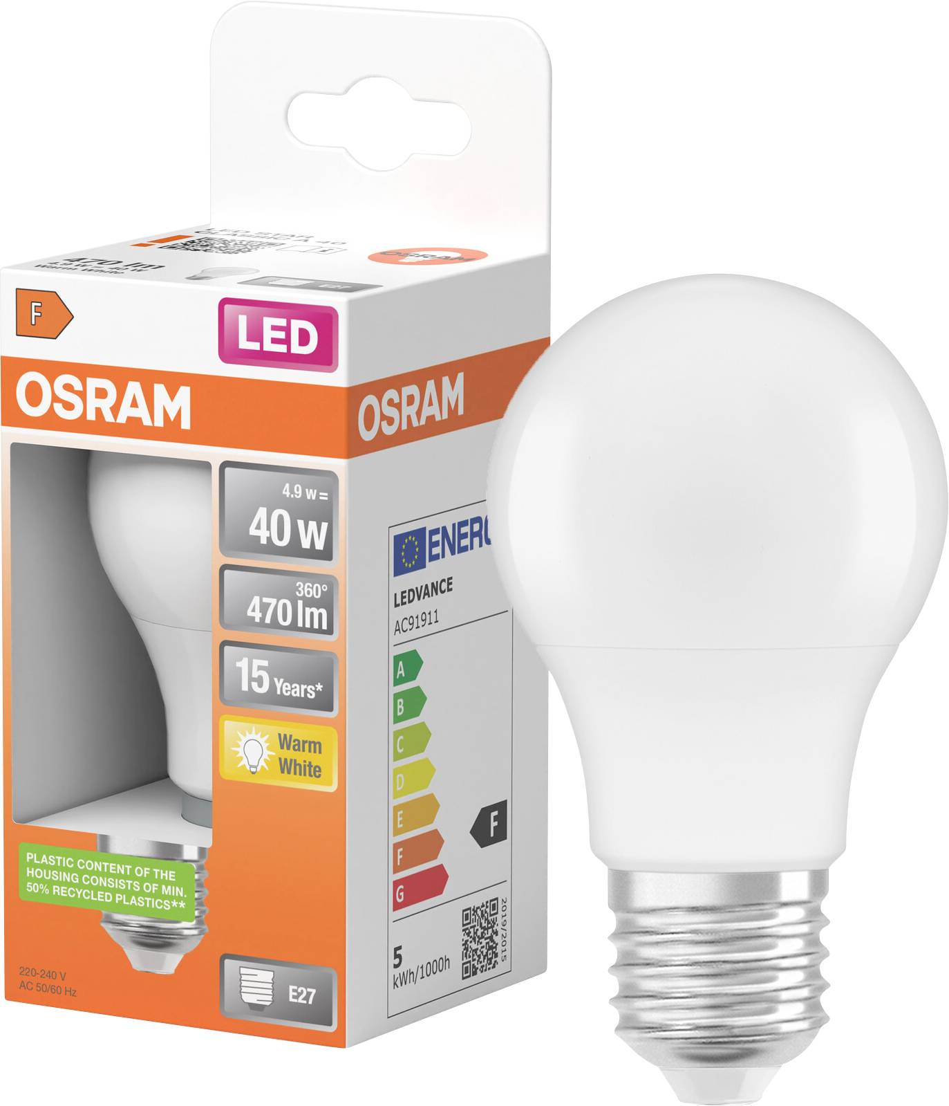 Ampoule LED OSRAM à côté de sa boîte de vente au détail, étiquetée équivalent 40W, 470 lm, blanc chaud, E27.