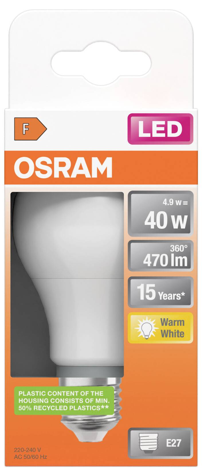 Emballage d'ampoule LED OSRAM, montrant une ampoule de 4,9W équivalente à 40W, 470 lm, durée de vie de 15 ans, blanc chaud, douille E27.