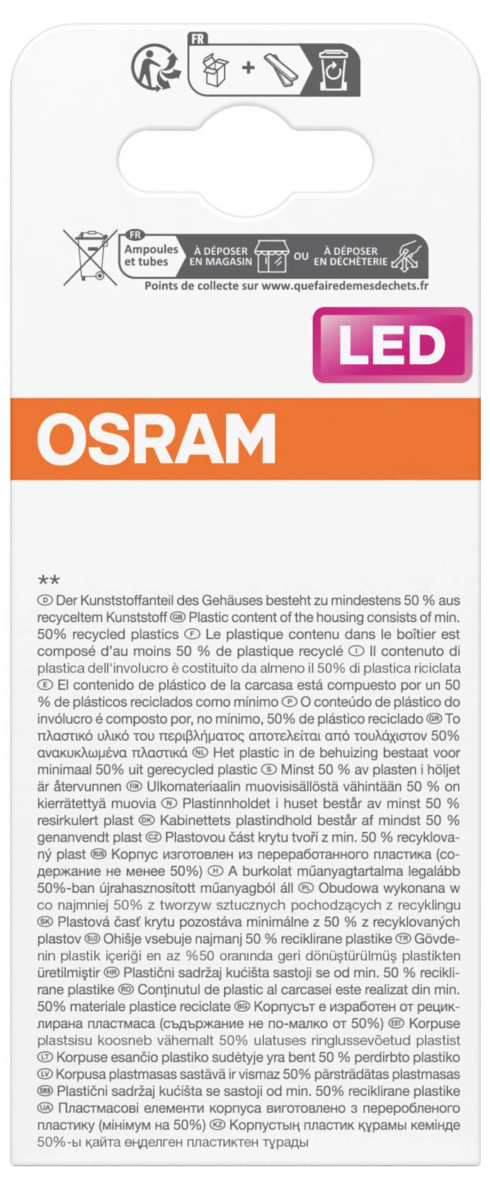 Emballage d'ampoule LED OSRAM avec instructions de recyclage et d'élimination, montrant une étiquette 'LED' rose et une large bande de marque 'OSRAM' orange.