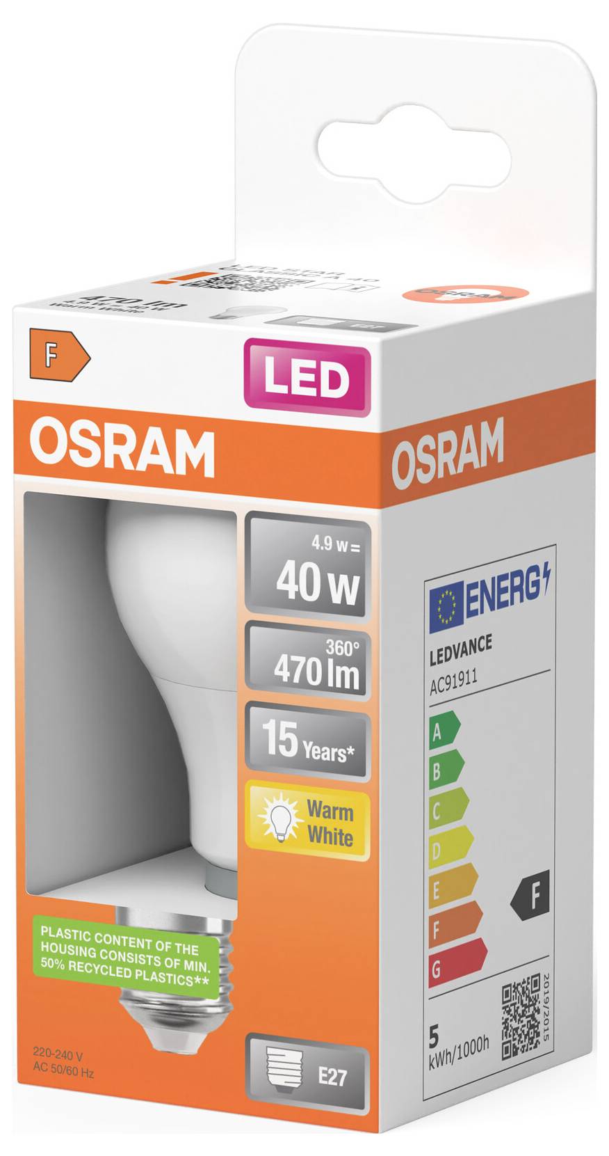 Boîte d'ampoule LED OSRAM avec équivalent 40W, 470lm, blanc chaud, culot E27, et classe énergétique F.