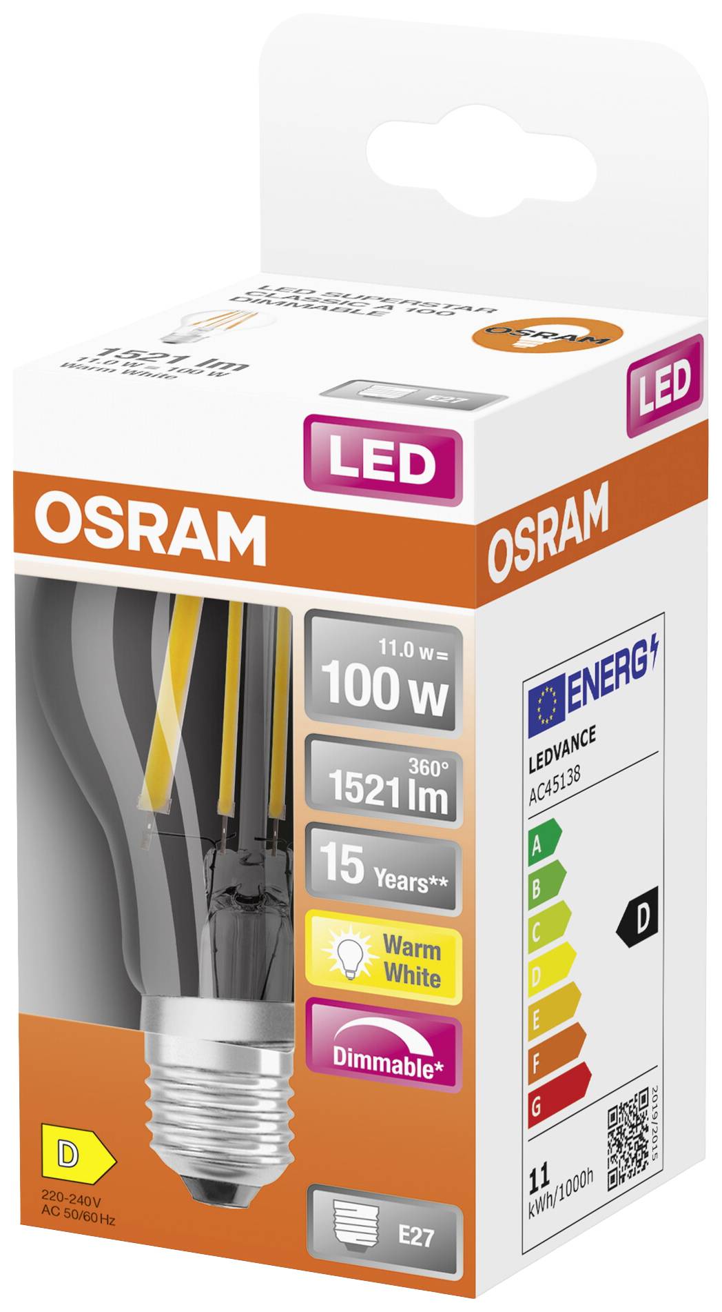 Un emballage d'ampoule Osram. Type : LED, 100W, 1521 lumens, blanc chaud, dimmable, classe d'efficacité énergétique D, durée de vie : 15 ans.
