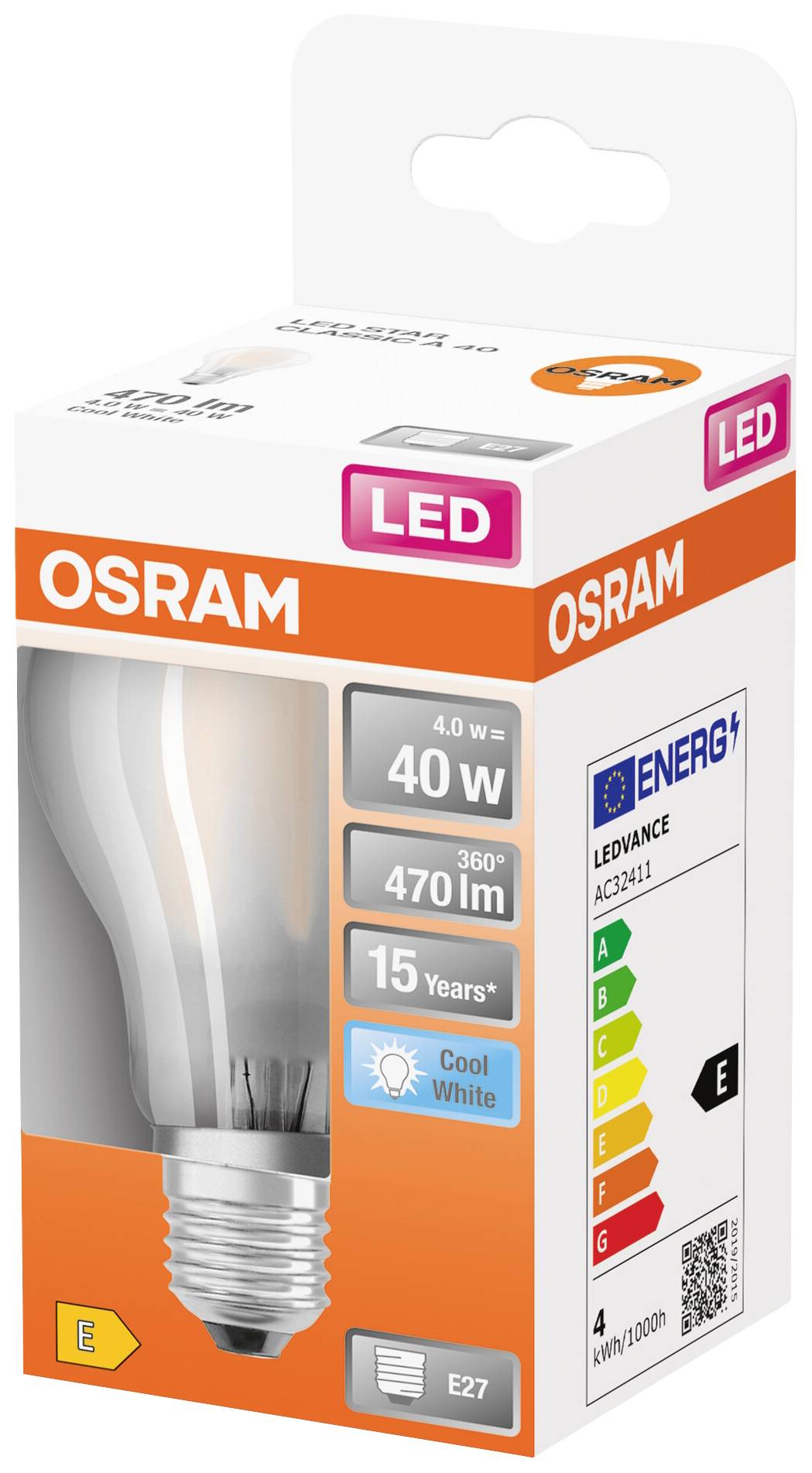 Une ampoule LED OSRAM équivalent 40 W, 470 lumens, durée de vie de 15 ans, blanc froid. Classe d'efficacité énergétique E. Emballage orange et blanc.