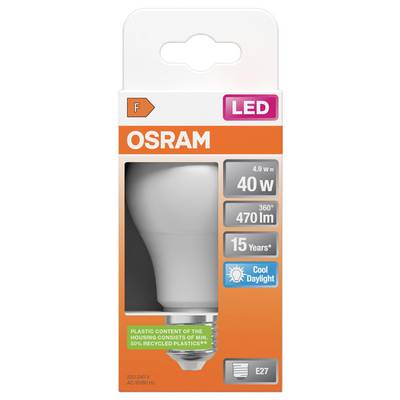 Paquet d'une ampoule LED OSRAM étiqueté « équivalent 40 W », « 470 lm », « 15 ans », « Lumière du jour froide » et culot E27.