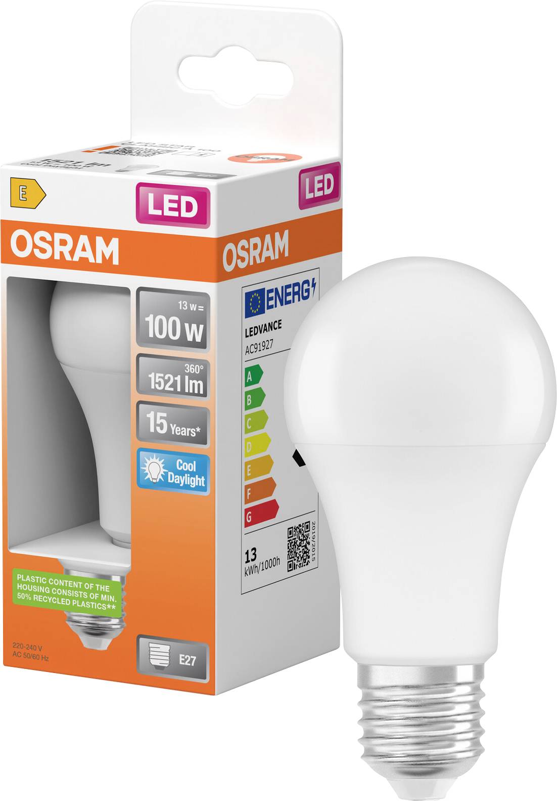 Ampoule LED OSRAM dans son emballage de vente au détail, étiquetée 13 W, équivalent 100 W, 1521 lm, lumière du jour froide, culot E27.