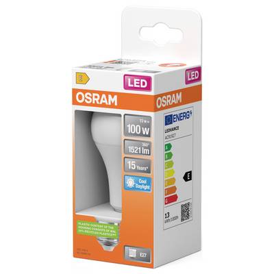 Boîte d'ampoule LED OSRAM LEDVANCE montrant un équivalent 100W, 1521 lm, lumière du jour froide, durée de vie de 15 ans, culot E27 et classification énergétique E.
