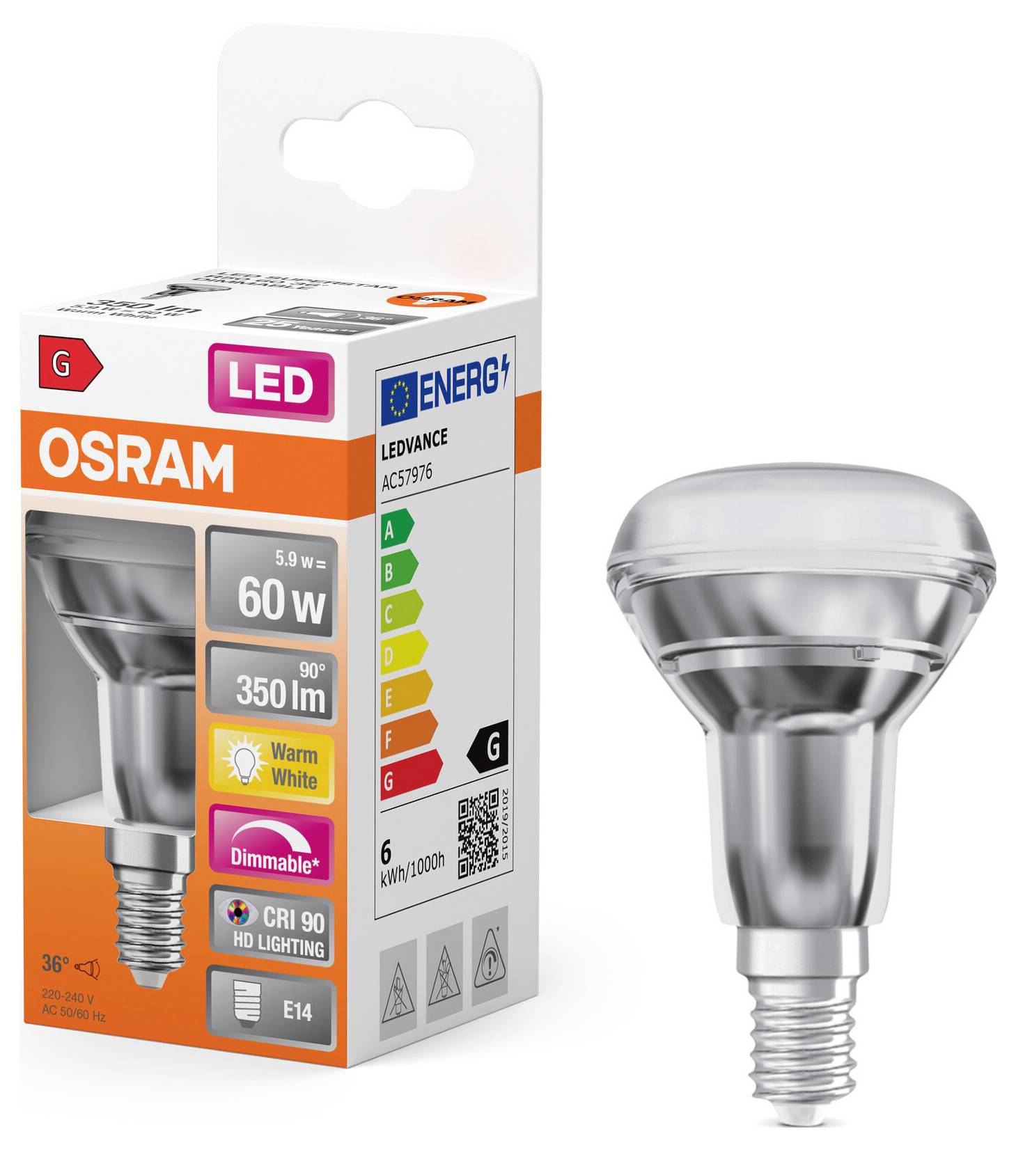 Ampoule LED avec douille E14, 5,9 W équivalent 60 W, 350 lm, blanc chaud, IRC 90, dimmable. Classe énergétique G. Emballage portant la marque OSRAM.
