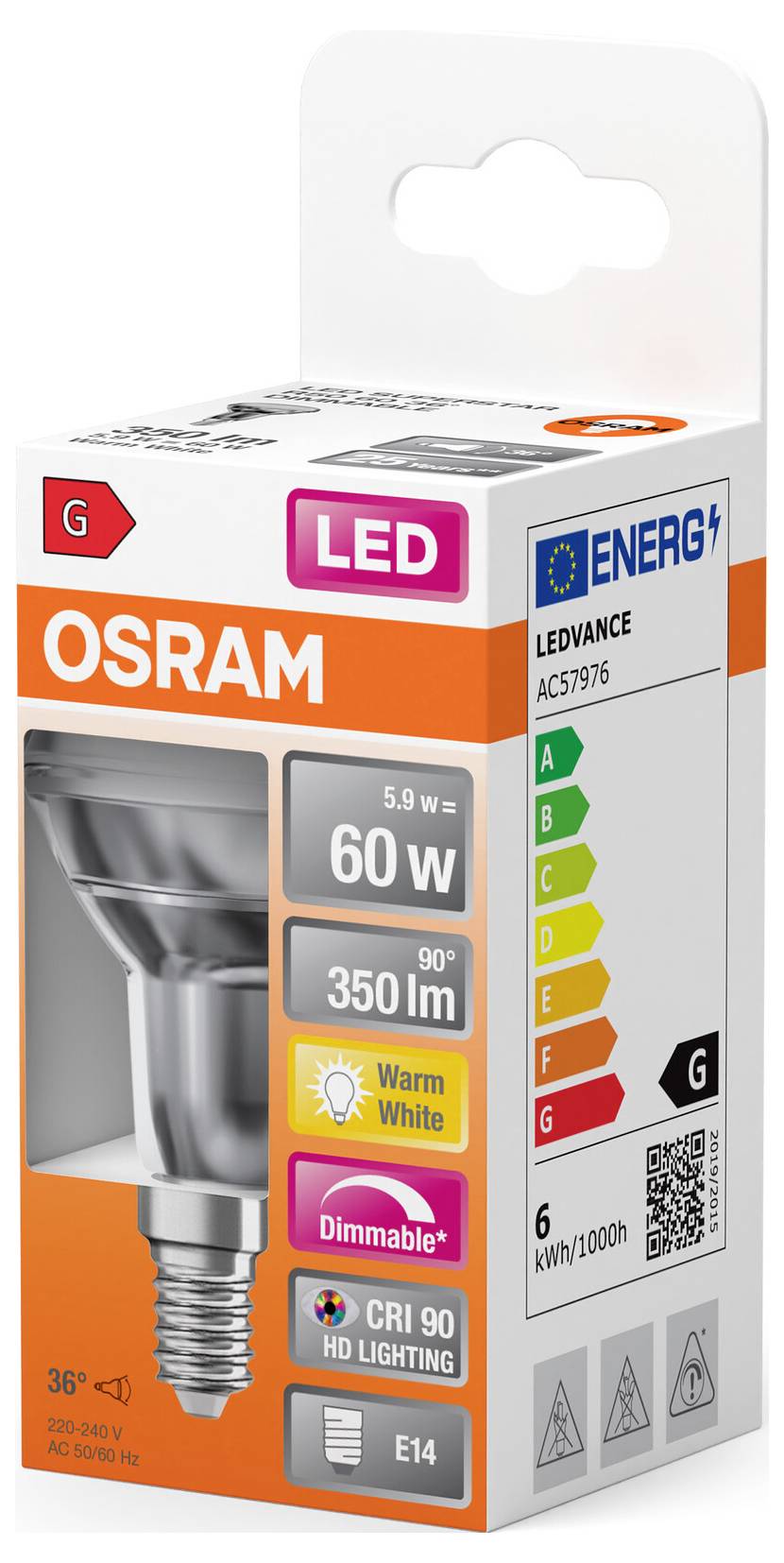 Un emballage d'ampoule LED Osram présente une ampoule de 60W avec lumière blanc chaud, classe énergétique G, compatible avec variateur, culot E14.