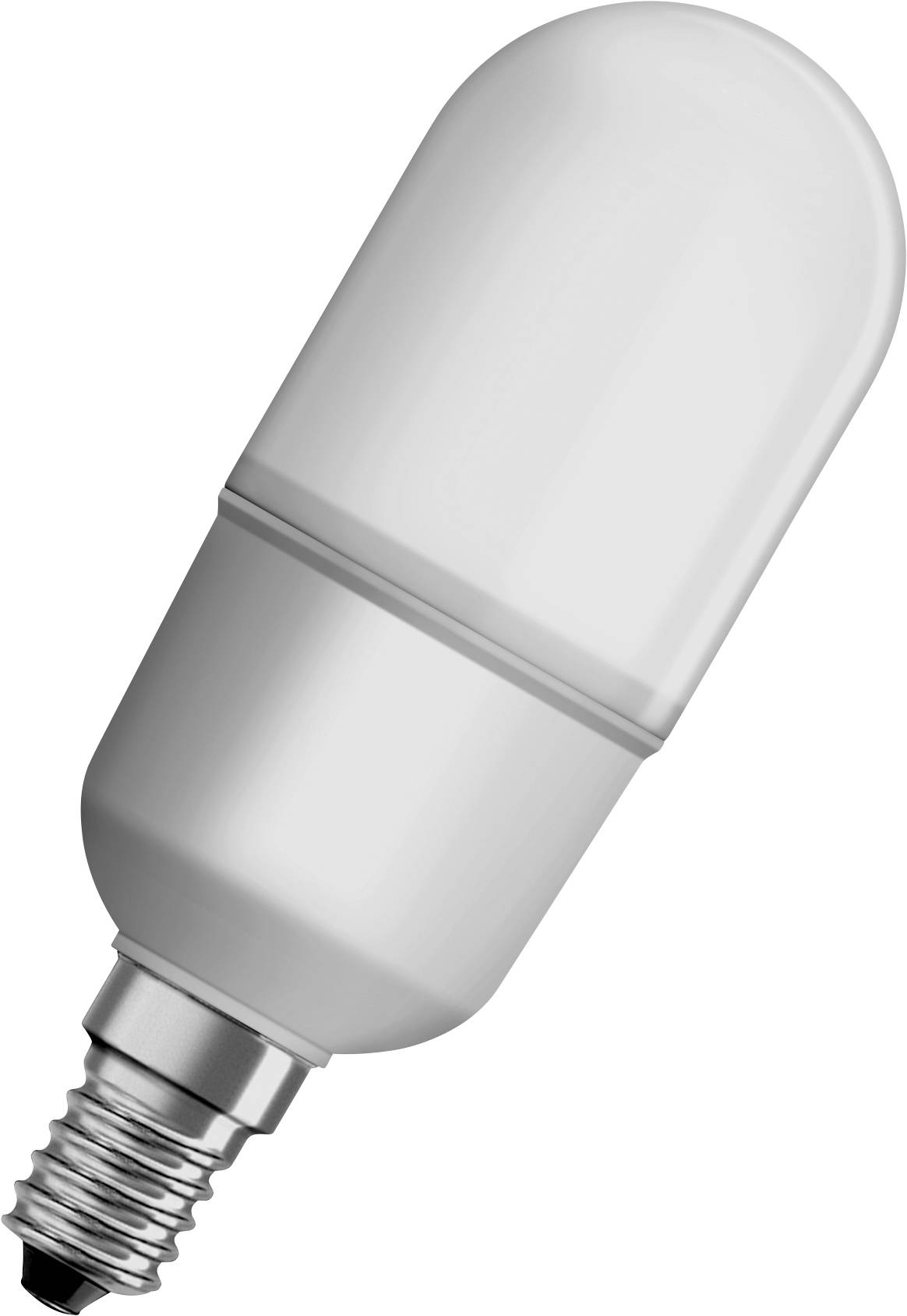 Une ampoule LED blanche à culot E14, vue en perspective.
