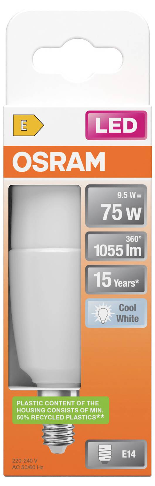 Emballage d'ampoule LED OSRAM affichant une ampoule de 9,5 W équivalente à 75 W, 1055 lm, 15 ans, blanc froid, culot E14.