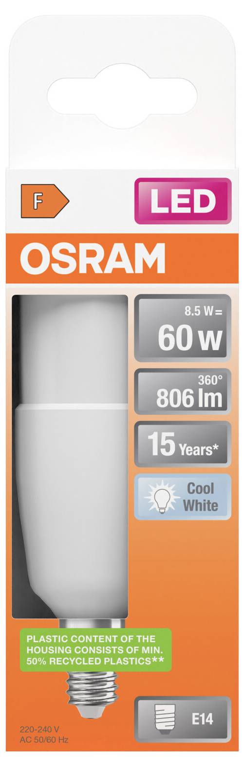 Ampoule LED OSRAM, 8,5 W équivalent à 60 W, 806 lumens, 15 ans, blanc froid, culot E14.