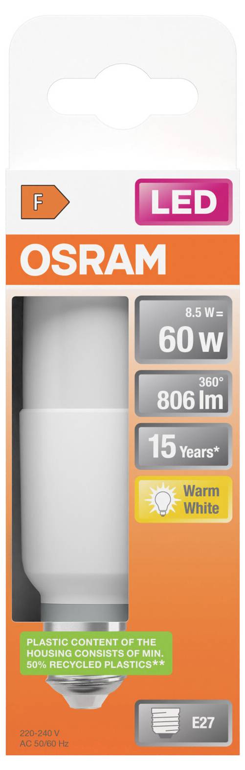 Emballage d'ampoule LED OSRAM montrant une ampoule de 8,5W, équivalente à 60W avec 806 lumens, lumière blanc chaud, culot E27, et une durée de vie de 15 ans.