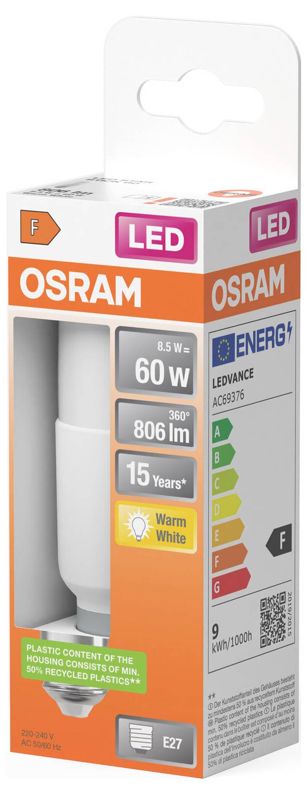Boîte de vente au détail d'ampoule LED OSRAM présentant une ampoule blanc chaud de 6W, 806 lm, culot E27, durée de vie de 15 ans et classe énergétique F.