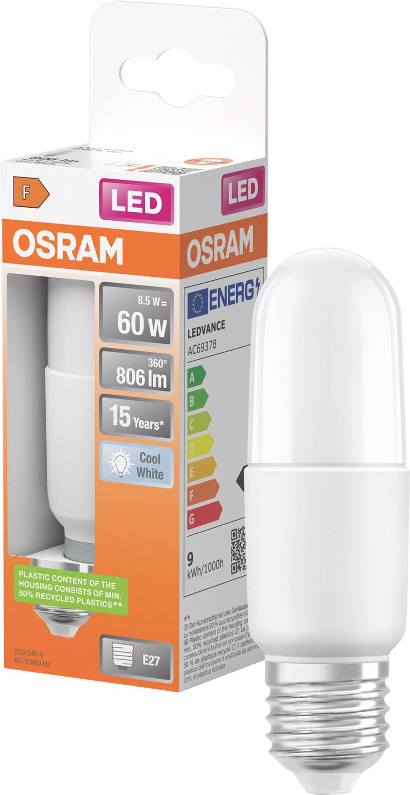 Ampoule LED OSRAM et boîte de vente au détail, montrant une ampoule E27 blanc froid équivalent 60W, 6,5W, 806 lm avec étiquettes de classification énergétique.