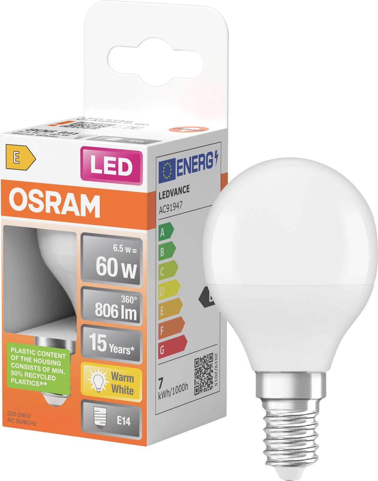 OSRAM HOMELIGHTING 4058075428522 LED CEE F (A - G) E14 forme de poire 7 W = 60 W blanc chaud (Ø x H) 47 mm x 79 mm 1 pc(