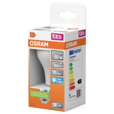 Ampoule LED OSRAM, 8W/équivalent 60W, 360 lumens, lumière blanche froide, culot E27, classe énergétique F.