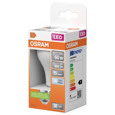 Boîte de vente au détail d'ampoule LED OSRAM, affichant 8W, équivalent 60W, 806 lm, blanc froid, culot E27, et classement énergétique F.