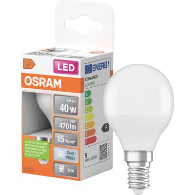 Ampoule LED OSRAM avec emballage, étiquetée 4,9 W, équivalent 40 W, 470 lm, 15 ans, blanc froid, culot E14.