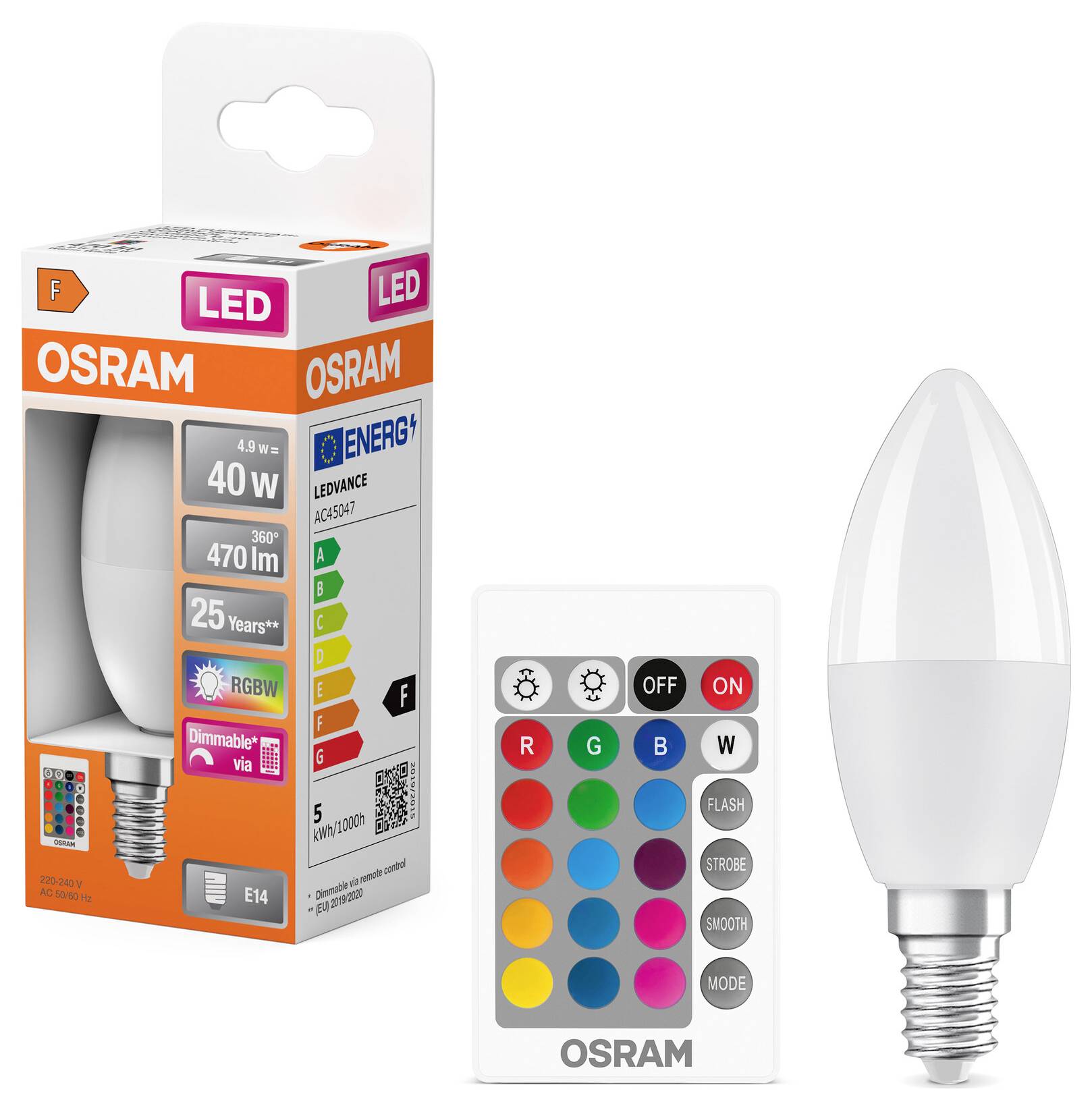 Lampe LED OSRAM avec télécommande, E14, dimmable, RVBB, 4,5 W. Sur l'emballage : Classe d'efficacité énergétique F.