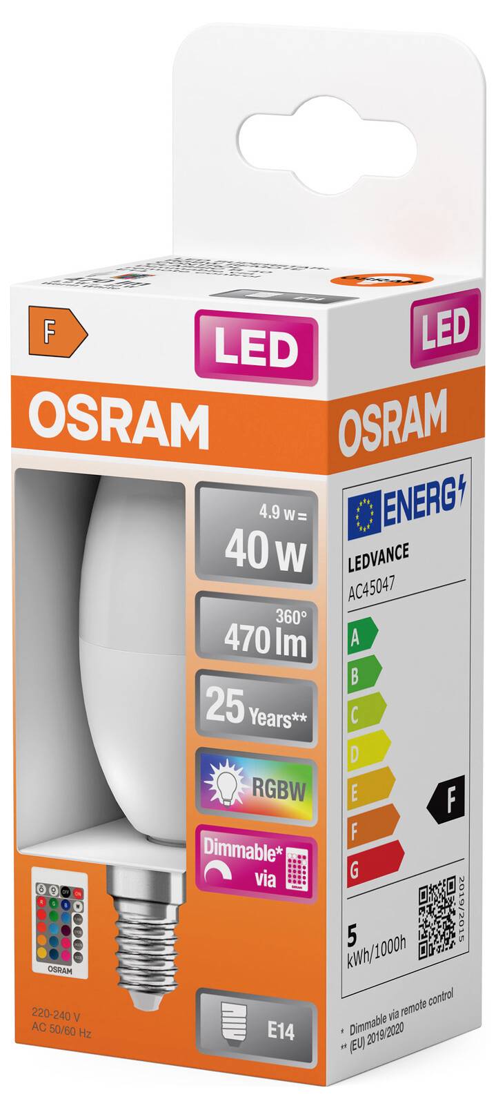 Ampoule LED OSRAM, équivalent 40W, 470 lumens, classe énergétique F, dimmable, durée de vie de 25 ans, culot E14.