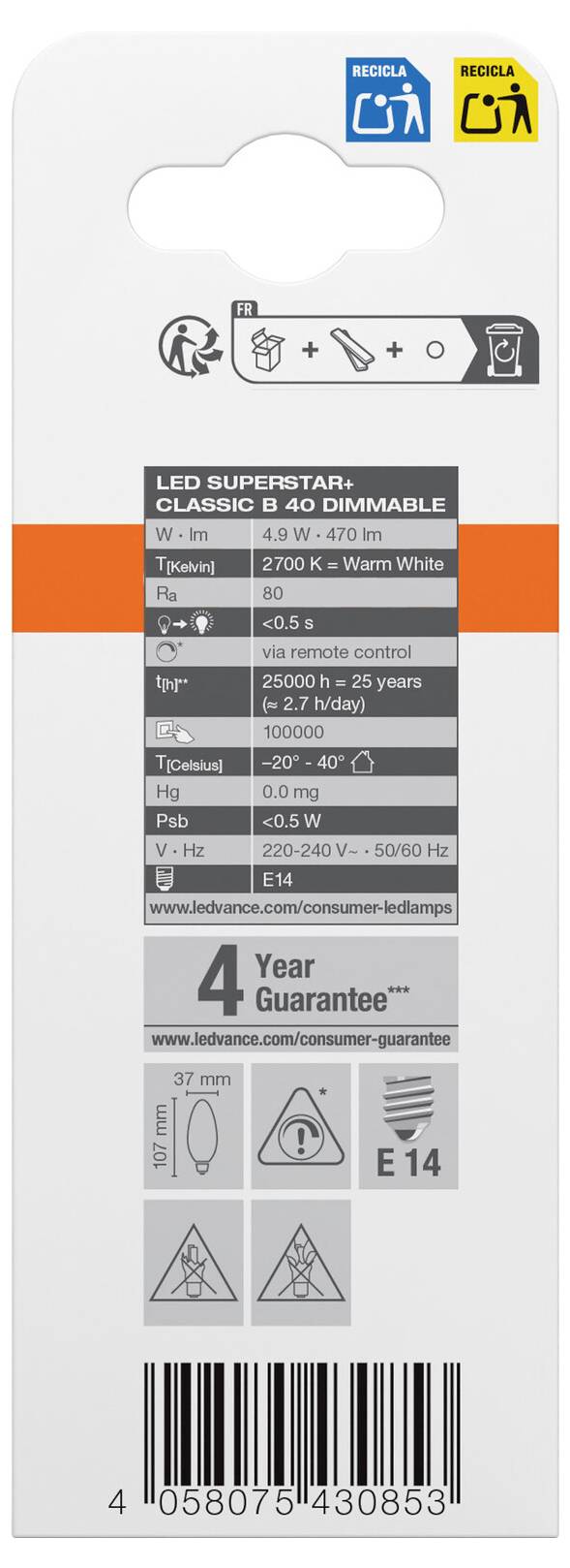 Emballage d'une ampoule LED avec douille E14, 470 lm, 2700 K blanc chaud, dimmable, garantie 4 ans, classe d'efficacité énergétique F.