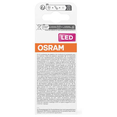 Emballage d'ampoule LED OSRAM avec étiquette « LED » rose et marque OSRAM orange ; comprend les instructions d'élimination et de recyclage en plusieurs langues.