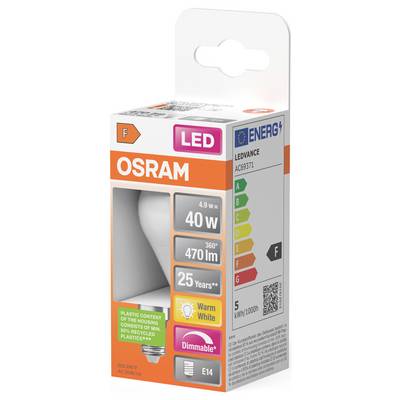 Emballage d'ampoule LED OSRAM montrant une ampoule équivalent 40W blanc chaud gradable E14, étiquette de classement énergétique et revendication de 25 ans.