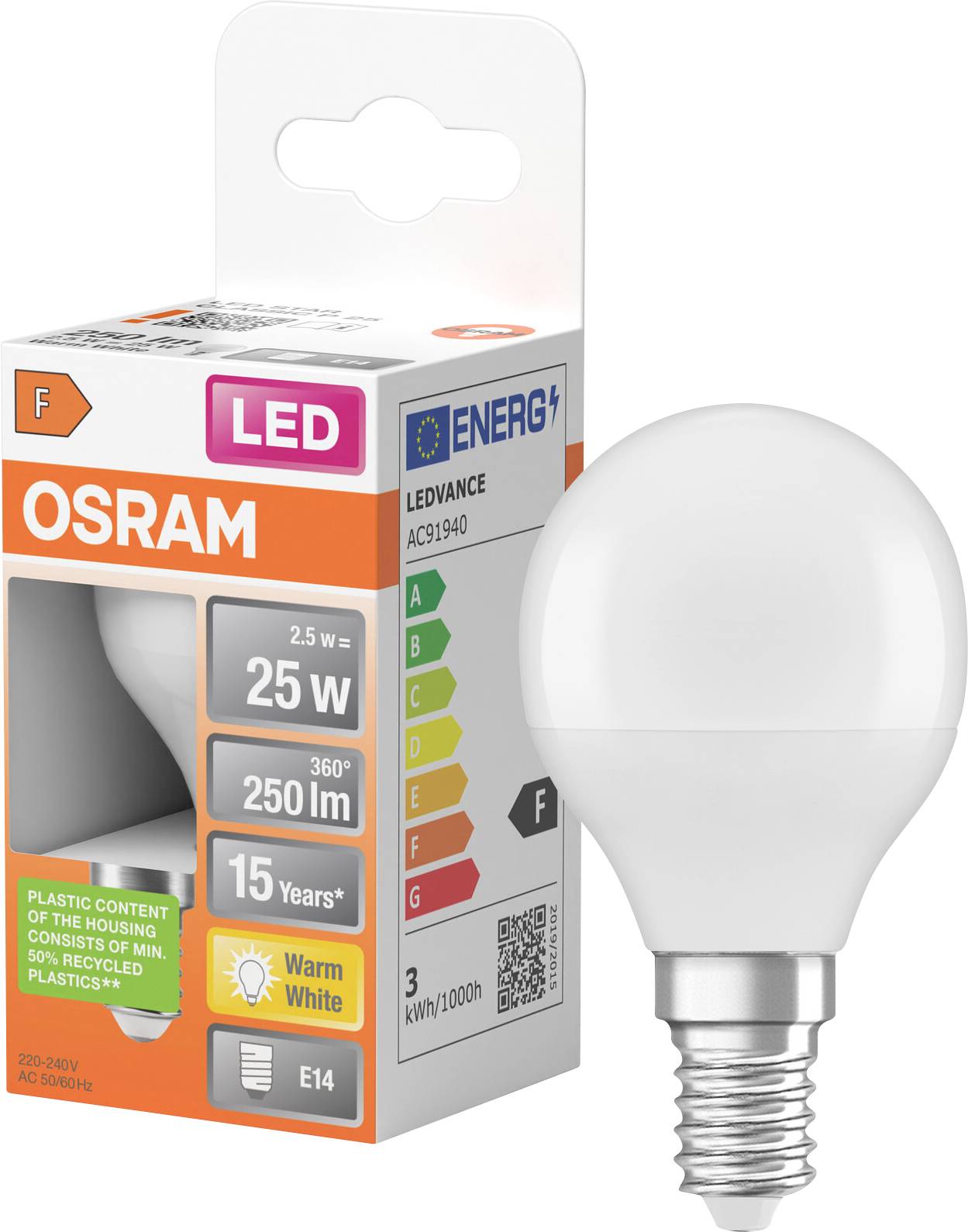 Ampoule LED OSRAM avec emballage en boîte, étiquetée 25 W, 250 lm, blanc chaud, culot E14, classe énergétique F.