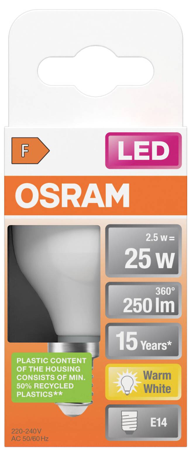 Ampoule LED OSRAM étiquetée 25 W, 250 lm, Blanc chaud, E14, 15 ans, et la teneur en plastique du boîtier se compose d'au moins 50 % de plastiques recyclés.
