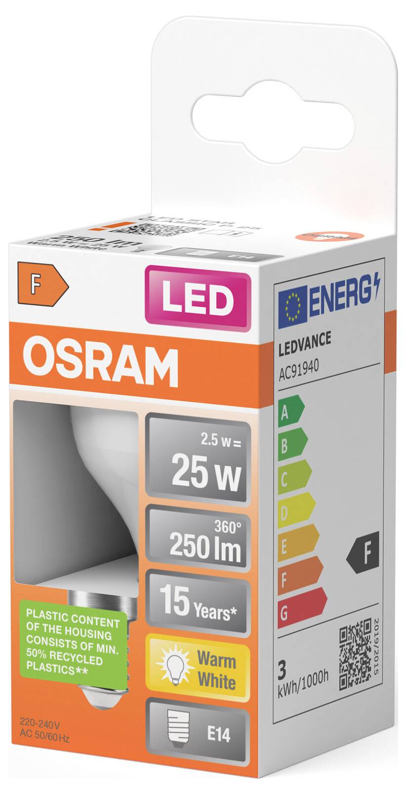 Boîte d'ampoule LED OSRAM, montrant une ampoule E14 blanc chaud équivalente 25W avec 250 lumens et une durée de vie de 15 ans, étiquette énergétique F.