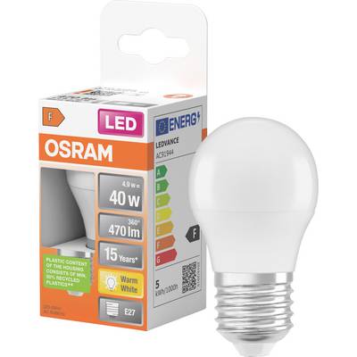 Ampoule LED OSRAM avec boîte de vente au détail, étiquetée 4,9W, 470 lm, équivalent 40W, blanc chaud, culot E27, 15 ans
