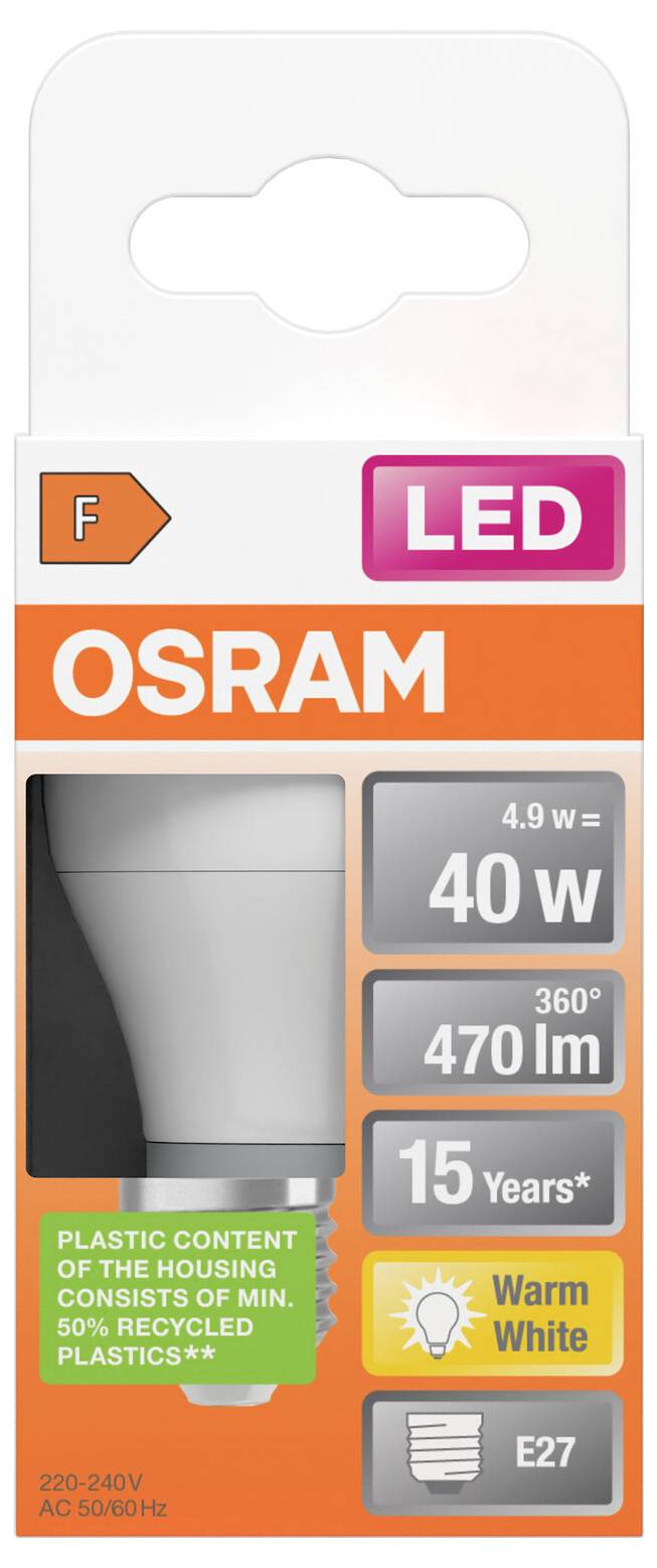Ampoule LED OSRAM, emballage étiqueté équivalent 40W, 470 lm, 15 ans, blanc chaud, culot E27, avec puissance de 4,9 W et faisceau à 360°.